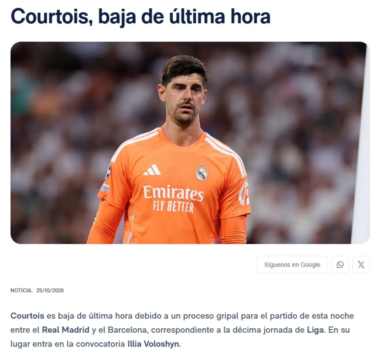 El comunicado del Real Madrid anunciando la baja de Courtois.